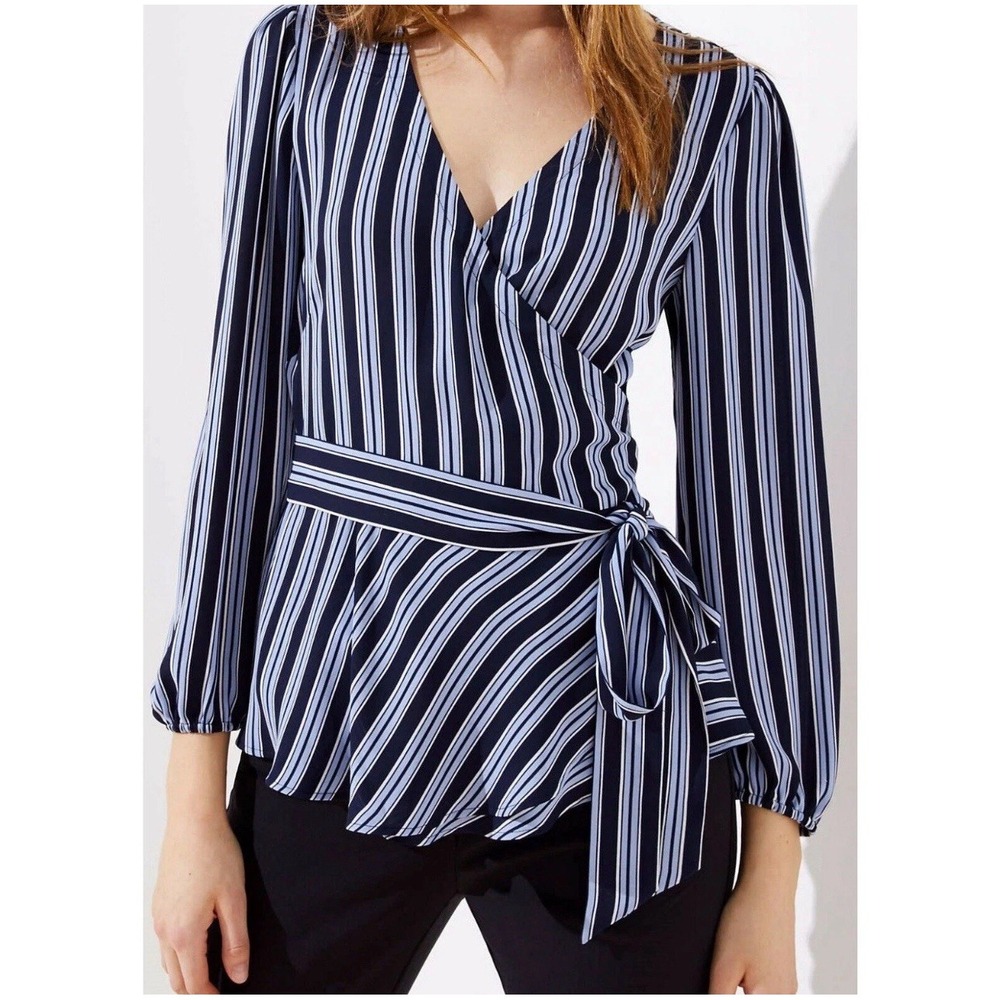 Ann Taylor LOFT Women Size XS Blue Striped Long Sleeve Peplum Tie Wrap Tunic NEW - Picture 2 of 10